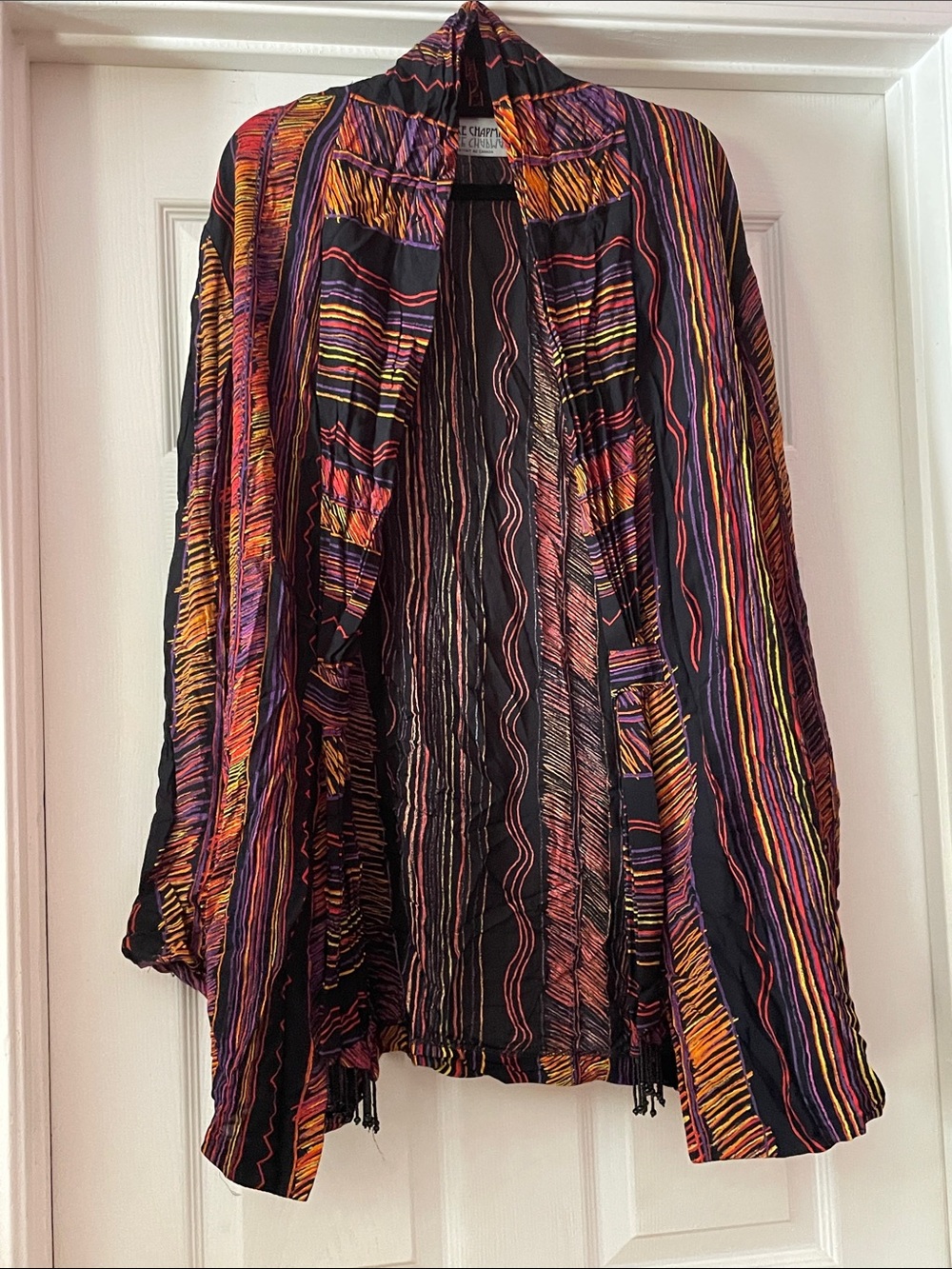 Women's Open-Front Striped Boho Cape Jacket in Black with Multicolor Stripes